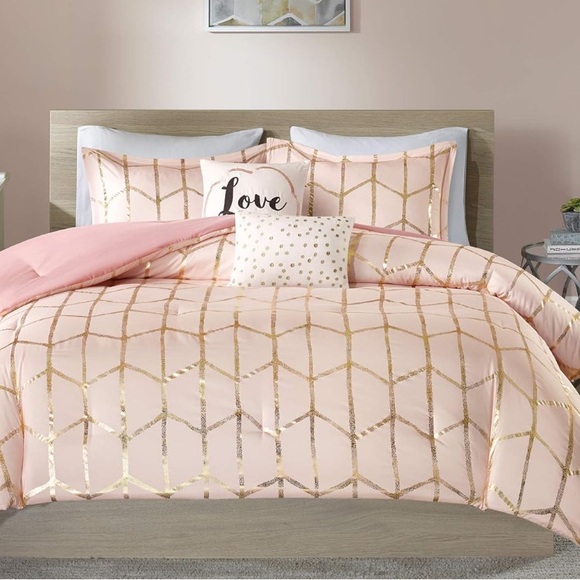 NIB intelligent Design Raina Duvet Set Metallic Print Geometric Style Pillows - Picture 2 of 16